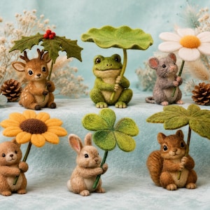 May include: A collection of whimsical figurines, including a deer, frog, mouse, bear, rabbit, and squirrel. Each holds a flower, leaf, or umbrella. The figurines are in shades of brown, green, and yellow, set against a light blue backdrop.