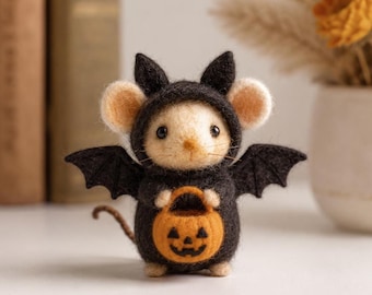 Needle Felted Halloween Mouse Figurine, Pumpkin Witch Ghost Bat Devil Wool Animal, Cute Spooky Fall Decor Gift