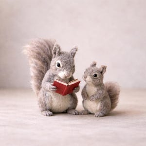 Può includere: Due statuette di scoiattoli grigi. Uno scoiattolo tiene in mano un piccolo libro rosso e sembra leggere. L'altro scoiattolo guarda. Le statuette sono realizzate in un materiale morbido e strutturato.