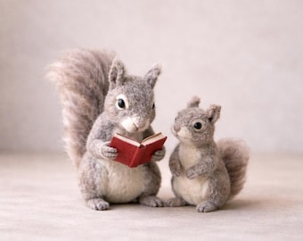 Needle Felted Squirrel Figurine, Handmade Woodland Animal Decor, Gray or Orange Squirrel Gift, Basic or Book Style, 3-6 Inch