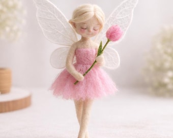 Muñeca de hada de fieltro de aguja, figura de hada hecha a mano de 15 cm, decoración de ángel de fieltro de lana, regalo de hada de las flores, hada sentada o de pie.