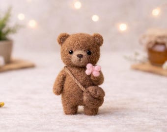 Figura de oso de fieltro de aguja, mini osito de lana de regalo, decoración de animales hecha a mano, lindo oso de bolsillo, decoración de estante infantil de 7,6 cm