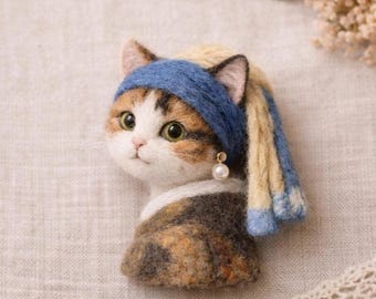 Broche de fieltro con forma de gato y perlas, broche de lana hecho a mano con forma de gatito, broche de Shiba Inu, joyería elegante