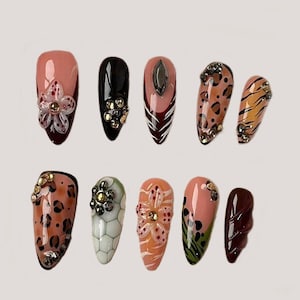 Handmade Jungle Safari Press On Nails | 3D Flowers, Leopard & Tiger Print With Jewel Accents | For Wild Exotic Vibe