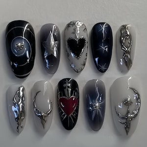 Handmade Gothic Heart Press On Nails | 3D Chrome Symbols, Stars & Black-Red Accents | For Dark Romance Vibe