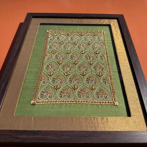 Side close-up of handmade framed textile art showing depth, embroidery and premium finish, ideal as a luxury gift for girlfriend, boyfriend or spouse.