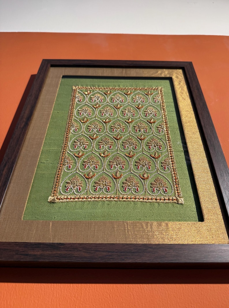 Side close-up of handmade framed textile art showing depth, embroidery and premium finish, ideal as a luxury gift for girlfriend, boyfriend or spouse.