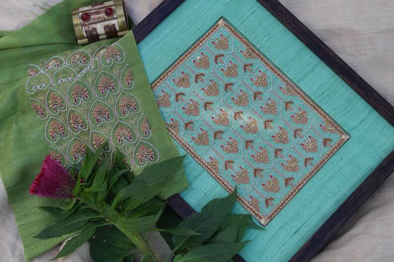 Elegant Indian textile wall art for living room, bedroom or entryway decor, perfect as a Valentine, anniversary, engagement or couple gift.