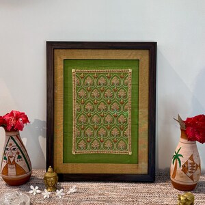 Luxury handmade Indian wall frame with olive green silk, antique gold border and pearl detailing, perfect as an engagement gift or couple gift.