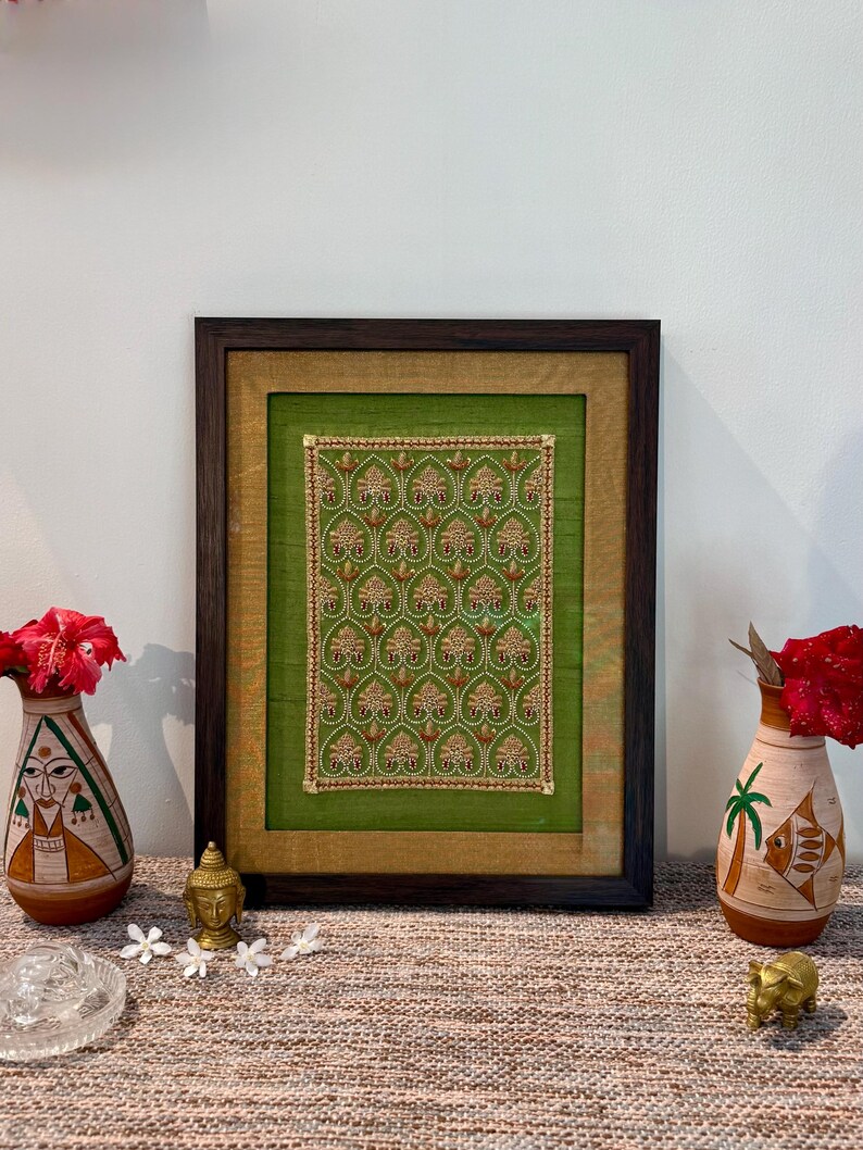 Luxury handmade Indian wall frame with olive green silk, antique gold border and pearl detailing, perfect as an engagement gift or couple gift.