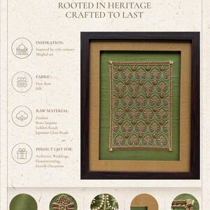 Material and handwork technique details of the luxury handmade Indian wall frame with olive green silk, antique gold border and pearl detailing, perfect as an engagement gift or couple gift.