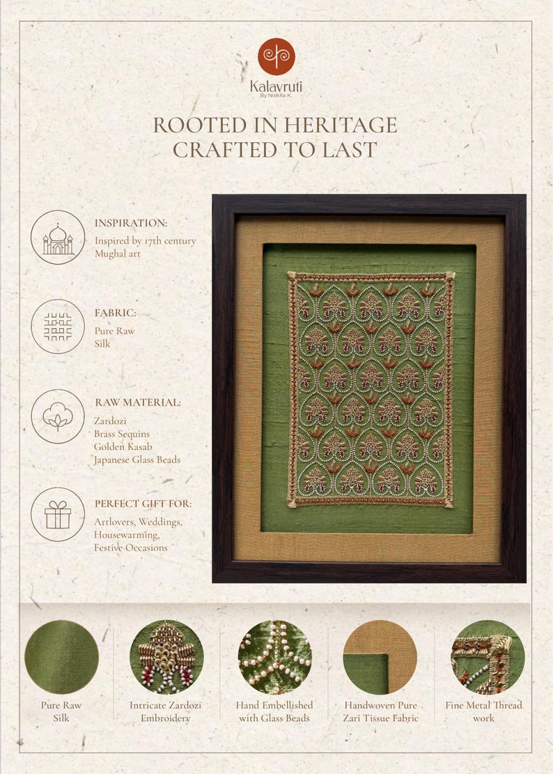 Material and handwork technique details of the luxury handmade Indian wall frame with olive green silk, antique gold border and pearl detailing, perfect as an engagement gift or couple gift.