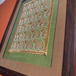 Angled view of framed embroidery showing premium glass, wooden frame and raised handwork, perfect for gifting on Valentine’s Day or anniversary.