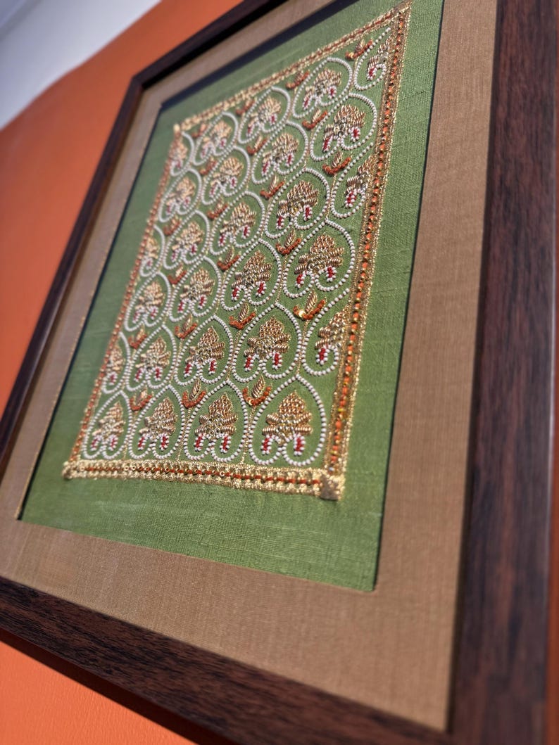 Angled view of framed embroidery showing premium glass, wooden frame and raised handwork, perfect for gifting on Valentine’s Day or anniversary.