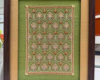 Handmade Zardozi Embroidered Wall Art: Mughal Floral Tapestry (Green Silk)