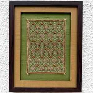 Handcrafted Indian textile wall art in a dark wooden frame, perfect as a Valentine gift, anniversary gift, engagement gift or luxury gift for husband, wife or couple.