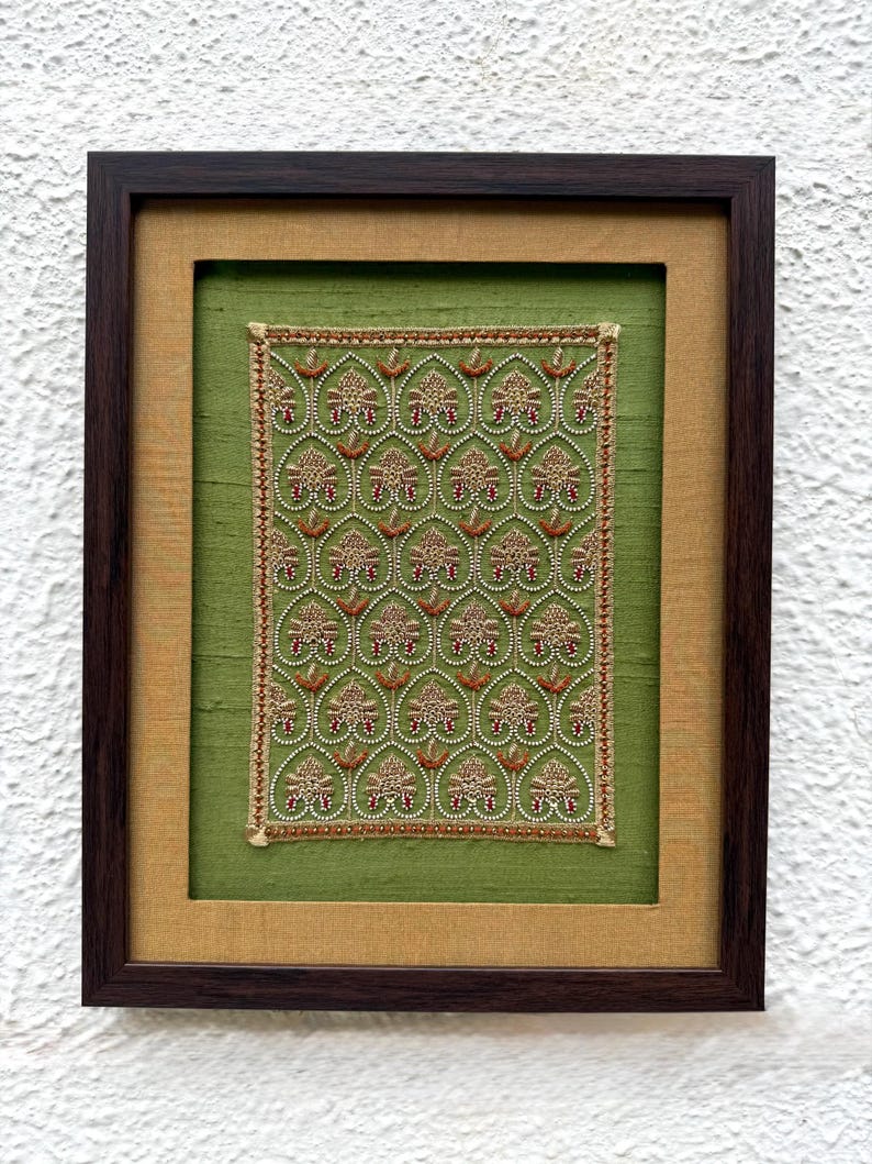 Handcrafted Indian textile wall art in a dark wooden frame, perfect as a Valentine gift, anniversary gift, engagement gift or luxury gift for husband, wife or couple.