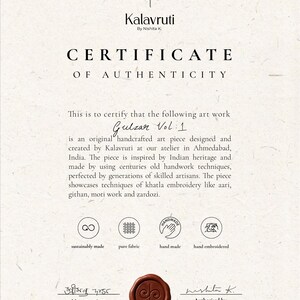Certificate of Authenticity certifying that the art work is original piece pf art and designed specifically using indian heritage based handcrafted techniques that are centuries old.
