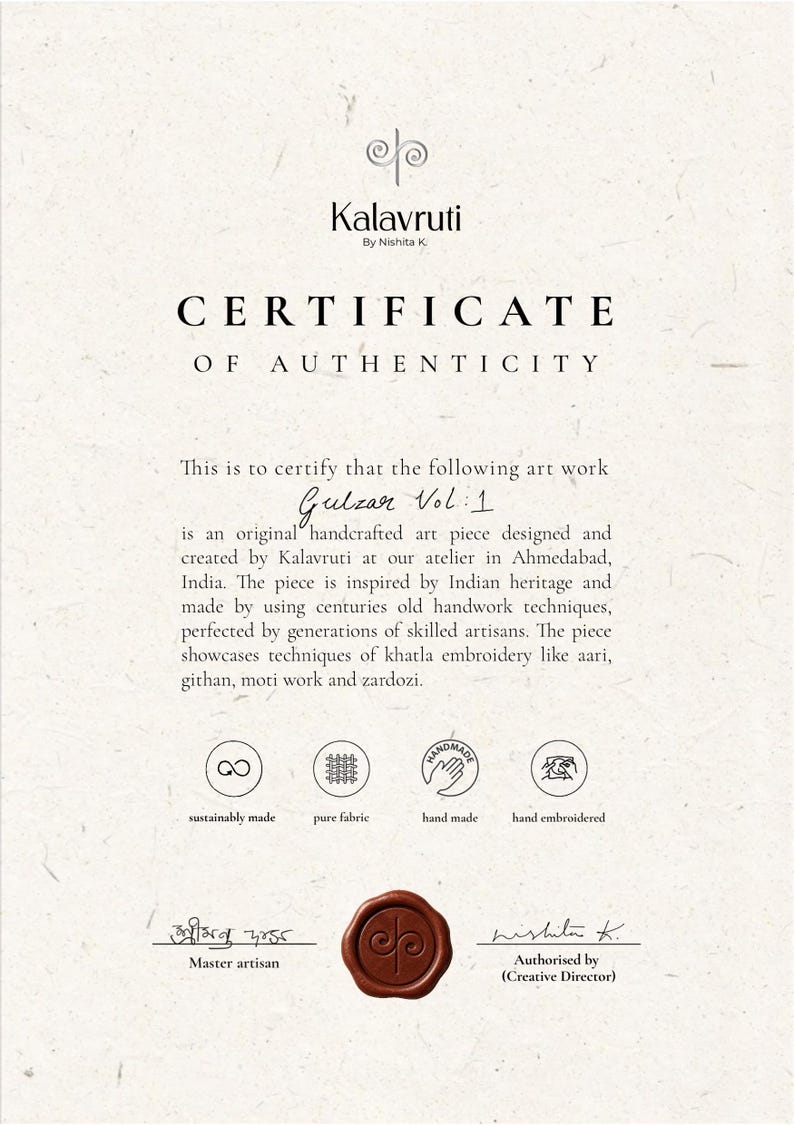 Certificate of Authenticity certifying that the art work is original piece pf art and designed specifically using indian heritage based handcrafted techniques that are centuries old.