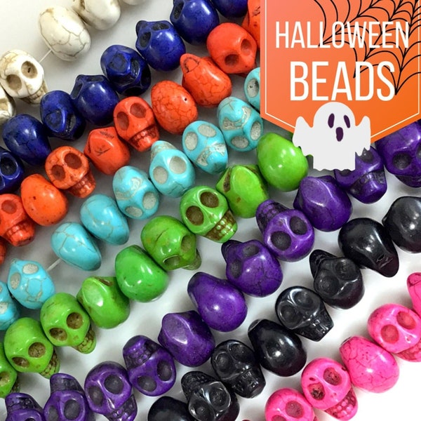 10mm Halloween Bead Skull Beads Howlite Turquoise horizontal Drilled Carved Bone Decor 15" Head Bone Beads Skull Pendant for Bracelet