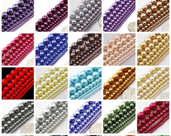 High Quality Multi Color Round Glass Pearl Beads 15" Strand Various Sizes 3mm, 4mm, 6mm, 8mm, 10mm, 12mm Wedding Pearls