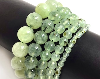 Natural Green Prehnite Round Bead Bracelet, Healing Crystal, 7.5" 4-12mm