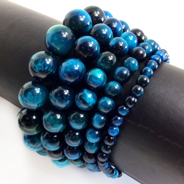 Blue Tiger's eye Bracelet Mystic Turquoise Stretch Elastic Crystal Healing Gemstone Round Beaded for Men,Women 4mm 6mm 8mm 10mm 12mm 7.5"