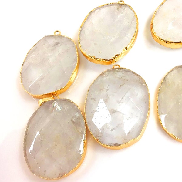 Crystal Quartz Pendant - Natural Raw Crystal Pendant Faceted Hand Cut Oval w Ring Charm Gold Electroplated Edge