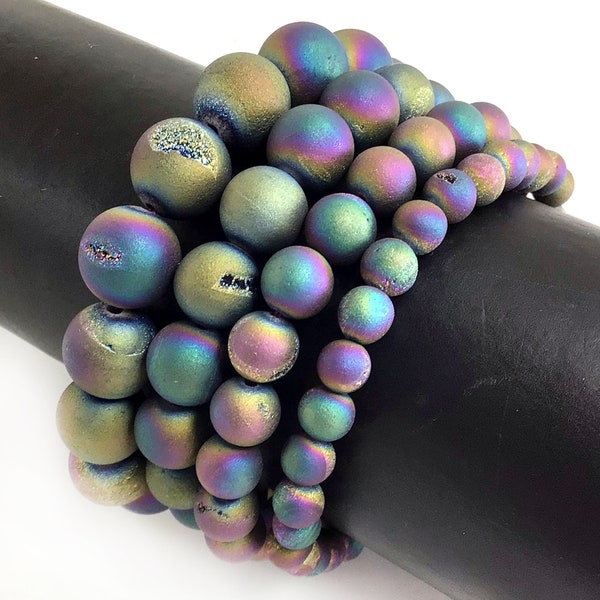Rainbow Druzy Agate Bracelet Peacock Stretch Elastic Crystal Healing Gemstone Round Beaded 4mm 6mm 8mm 10mm 12mm 14mm 7.5"