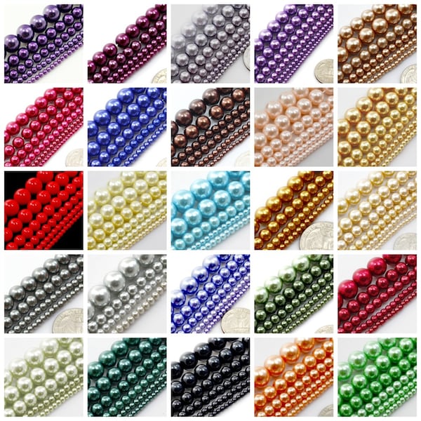 High Quality Multi Color Round Glass Pearl Beads - 15" Strand - Available in Various Sizes: 3mm, 4mm, 6mm, 8mm, 10mm, 12mm - Wedding Pearls