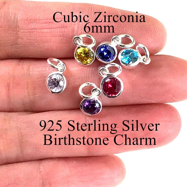 Birthstone Charm Sterling Silver 925 Crystal Charm 6mm Ring Drop Cubic Zirconia Birthstone Pendant CZ Bracelet Necklace Making Design