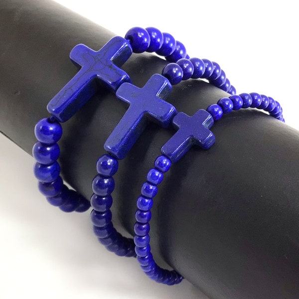 Navy Blue Cross Bracelet Beaded Stretch Christian Religious Stackable Men Women Gemstone Howlite Turquoise 4mm 6mm 8mm 10mm 7.5" Cruciform