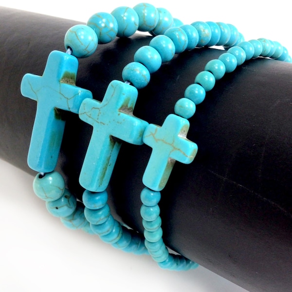 Blue Turquoise Cross Bracelet Stretch Christian Religious Stackable Howlite Turquoise Cross Beaded Bracelet 4mm 6mm 8mm 10mm 7.5"