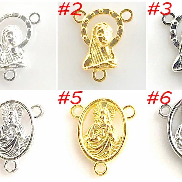 Rosary Mary Connector Link Centerpieces 2-Sided, 3 Multi-Strand Necklaces | Silver Pewter, Gold 18mm 6pcs 12pcs | Oval Patron Saint Charms