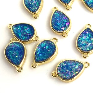 Blue Mosaic Opal Charm Connector w 2 Rings Oval Teardrop Gold Bezel 1 pc Gemstone Drop Charm for Women Earrings Necklace Bracelet Gift