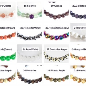 May include: A collection of 16 different types of gemstone beads, each displayed on a white background. The beads are arranged in rows of four, with each row labeled with a number and the name of the gemstone. The gemstones include Fire Quartz, Fluorite, Garnet, Goldstone (Blue), Goldstone (Brown), Hematite (Metal), Hematite (Rainbow), Howlite (White), Jade (Green), Jade (White), Dalmatian Jasper, Leopard Skin Jasper, Ocean Jasper, Pietersite, Picasso Jasper, and Picture Jasper.