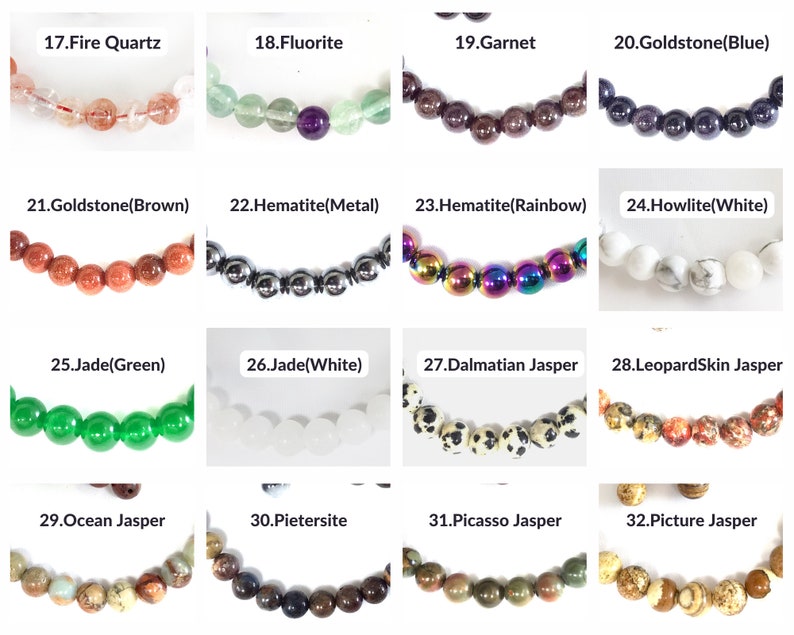 May include: A collection of 16 different types of gemstone beads, each displayed on a white background. The beads are arranged in rows of four, with each row labeled with a number and the name of the gemstone. The gemstones include Fire Quartz, Fluorite, Garnet, Goldstone (Blue), Goldstone (Brown), Hematite (Metal), Hematite (Rainbow), Howlite (White), Jade (Green), Jade (White), Dalmatian Jasper, Leopard Skin Jasper, Ocean Jasper, Pietersite, Picasso Jasper, and Picture Jasper.