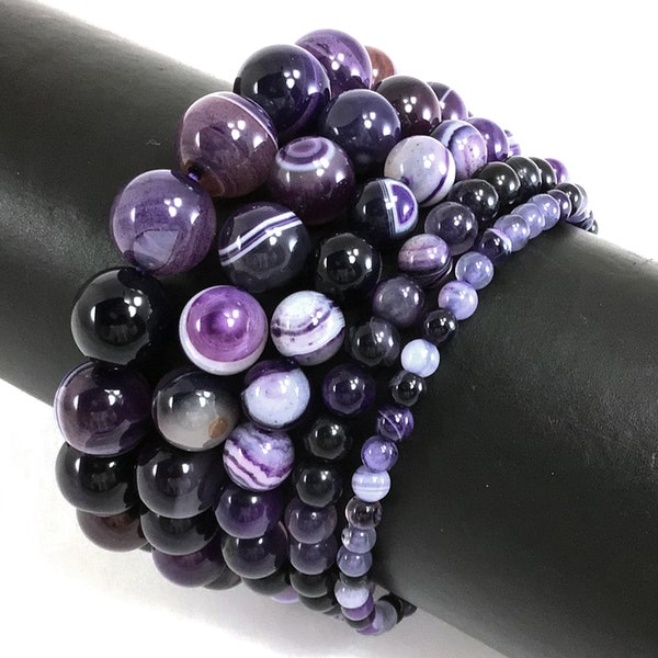 Purple Agate Bracelet Stretch Elastic Crystal Healing Purple Stripe Gemstone Round Beaded for Men,Women 4mm 6mm 8mm 10mm 12mm 7.5"