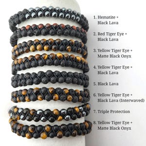 May include: Eight different beaded bracelets with various gemstone combinations, including black lava, tiger eye, hematite, and onyx. The bracelets are stacked on top of each other, with the text descriptions of each bracelet listed to the right.