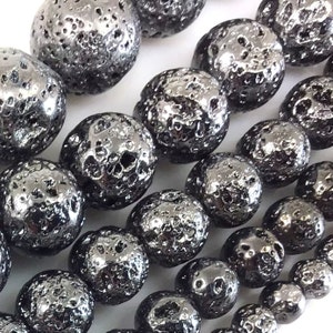 Metallic Black Lava Round Bead Electroplated Black Volcanic Rock Stone Titanium Tibetan 4mm 6mm 8mm 10mm 12mm 15&quot; Strand