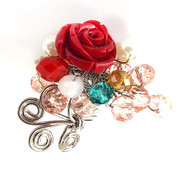 Handmade Spring Blossome Red Rose Ring Coral Ring Flower Faceted Crystal Ring fit all Size Silver Plated Wire Flower Gift for Her Ring