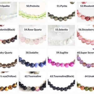 May include: A collage of 14 different gemstone bracelets, each with a unique color and pattern. The bracelets are arranged in a grid of four rows and four columns. The gemstones include opalite, prehnite, pyrite, rhodonite, rose quartz, selenite, smoky quartz, sodalite, sugilite, super seven, tiger's eye, tourmaline, and unakite.