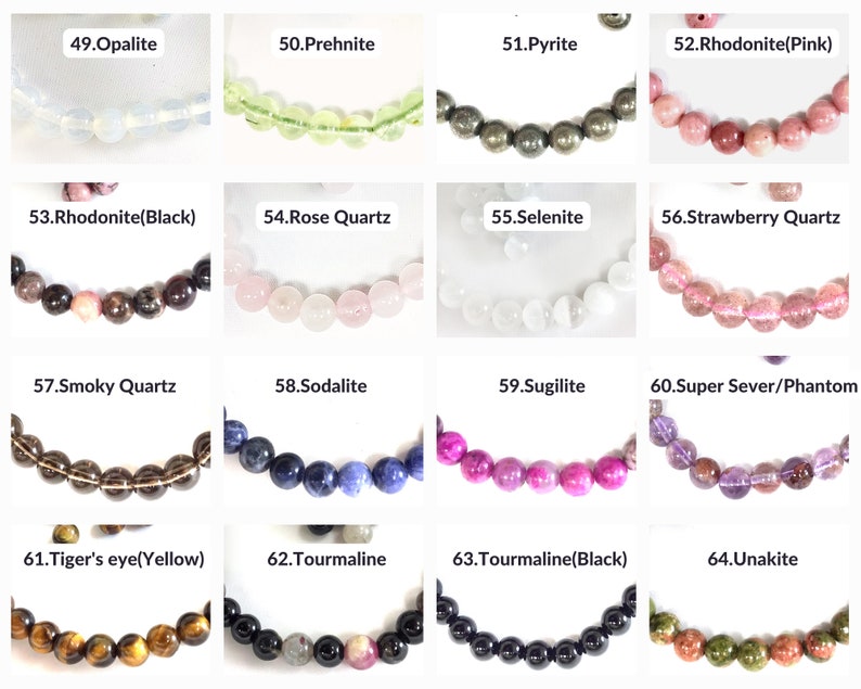 May include: A collage of 14 different gemstone bracelets, each with a unique color and pattern. The bracelets are arranged in a grid of four rows and four columns. The gemstones include opalite, prehnite, pyrite, rhodonite, rose quartz, selenite, smoky quartz, sodalite, sugilite, super seven, tiger's eye, tourmaline, and unakite.