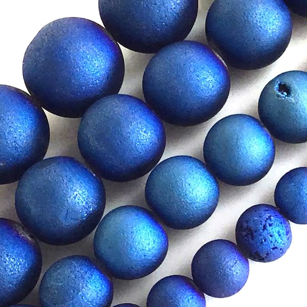 Royal Blue Matte Agate Round Bead Metallic Titanium Coated Natural Druzy Agate Beads 6 8 10 12 14 15" strand Druzy Agate Jewelry