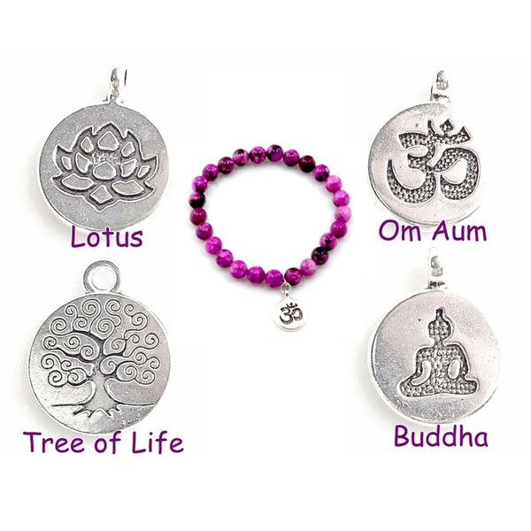 Pink Sugilite Charm Bracelet Spiritual Healing Yoga Stretch 8mm Round Bead Bracelet Buddha, Lotus, Ohm Aum Om, Tree 7.5"