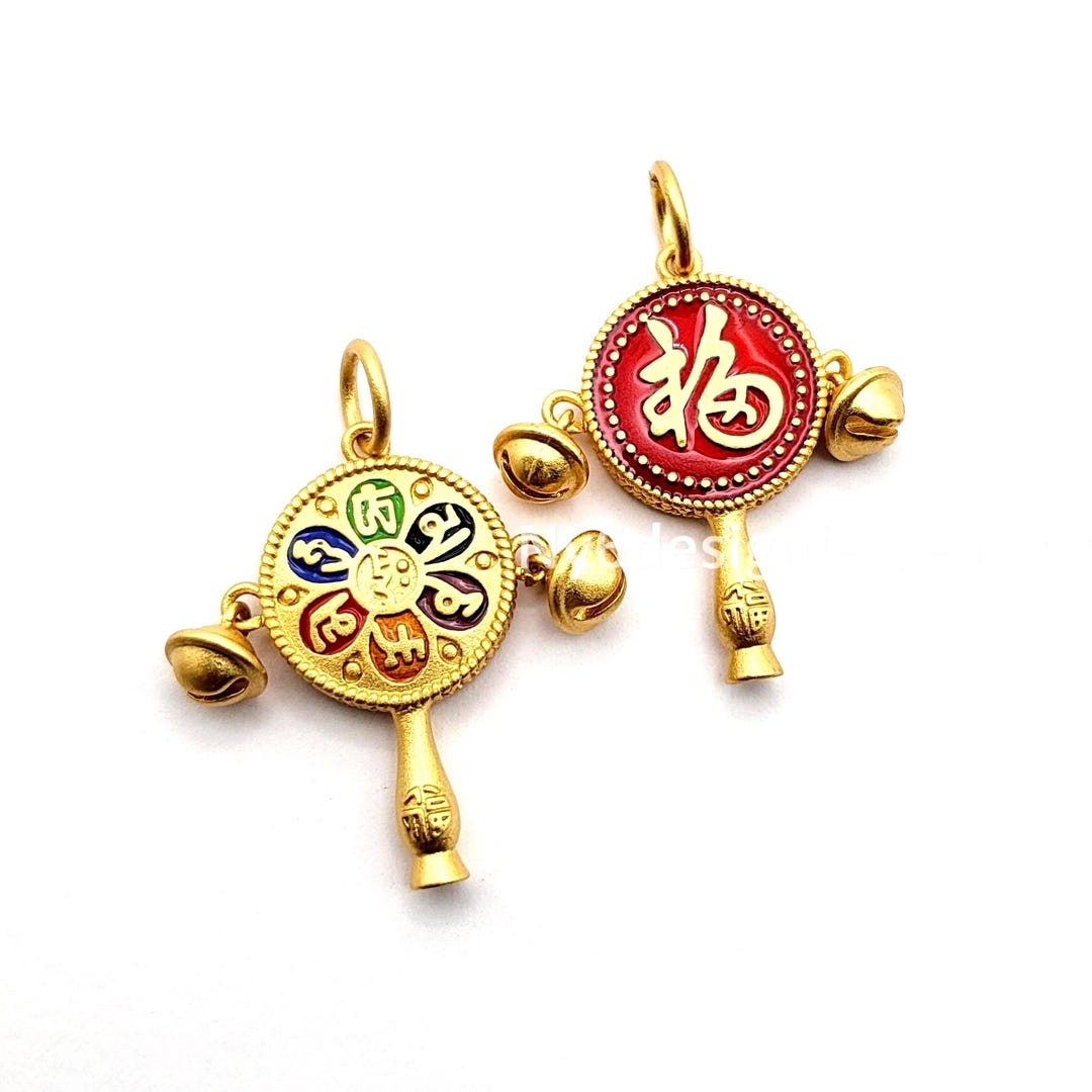 Gold-plated Enamel Rattle Drum Charm: Fu Character, Tibetan Script ...