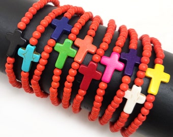Orange Beaded Cross Bracelet, Turquoise Accent, Stretch Religious Jewelry 4-10mm