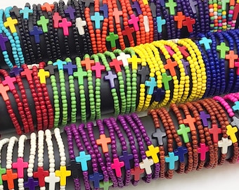 Turquoise Howlite Cross Bracelet, Beaded Religious Jewelry, 7.5" 4mm