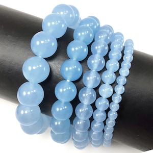 Light Blue Jade Bracelet Stretch Elastic Crystal Healing Gemstone Round Beaded for Men, Women 4mm 6mm 8mm 10mm 12mm 7.5&quot;
