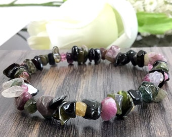 Natural Tourmaline Chips Bracelet Colorful Gemstone Crystal Stretch Healing Stone Handmade Beaded Bracelet 7.5" for Men, Women Gift